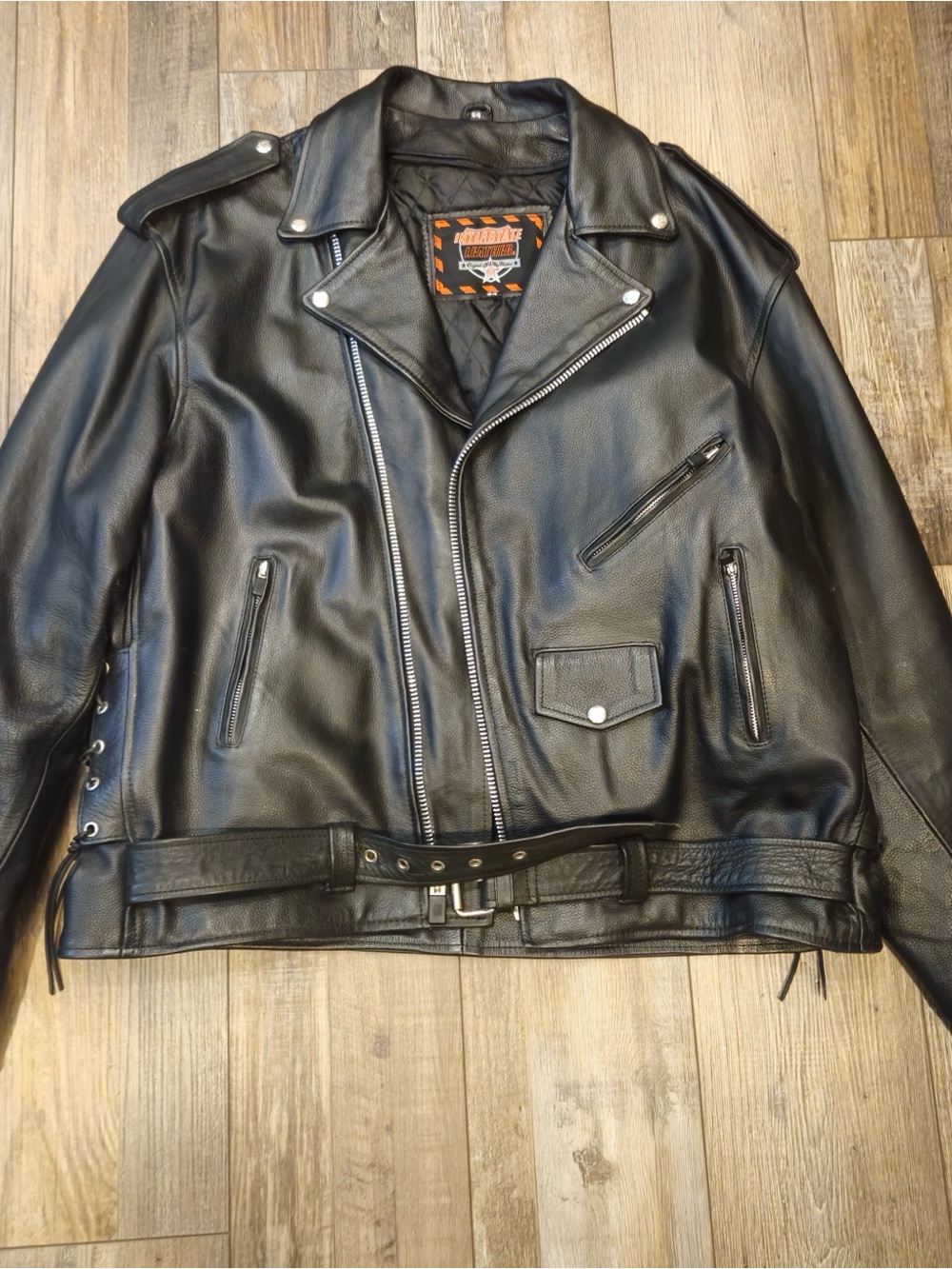Black Leather Biker Jacket with Belt - Vintage Moto Style